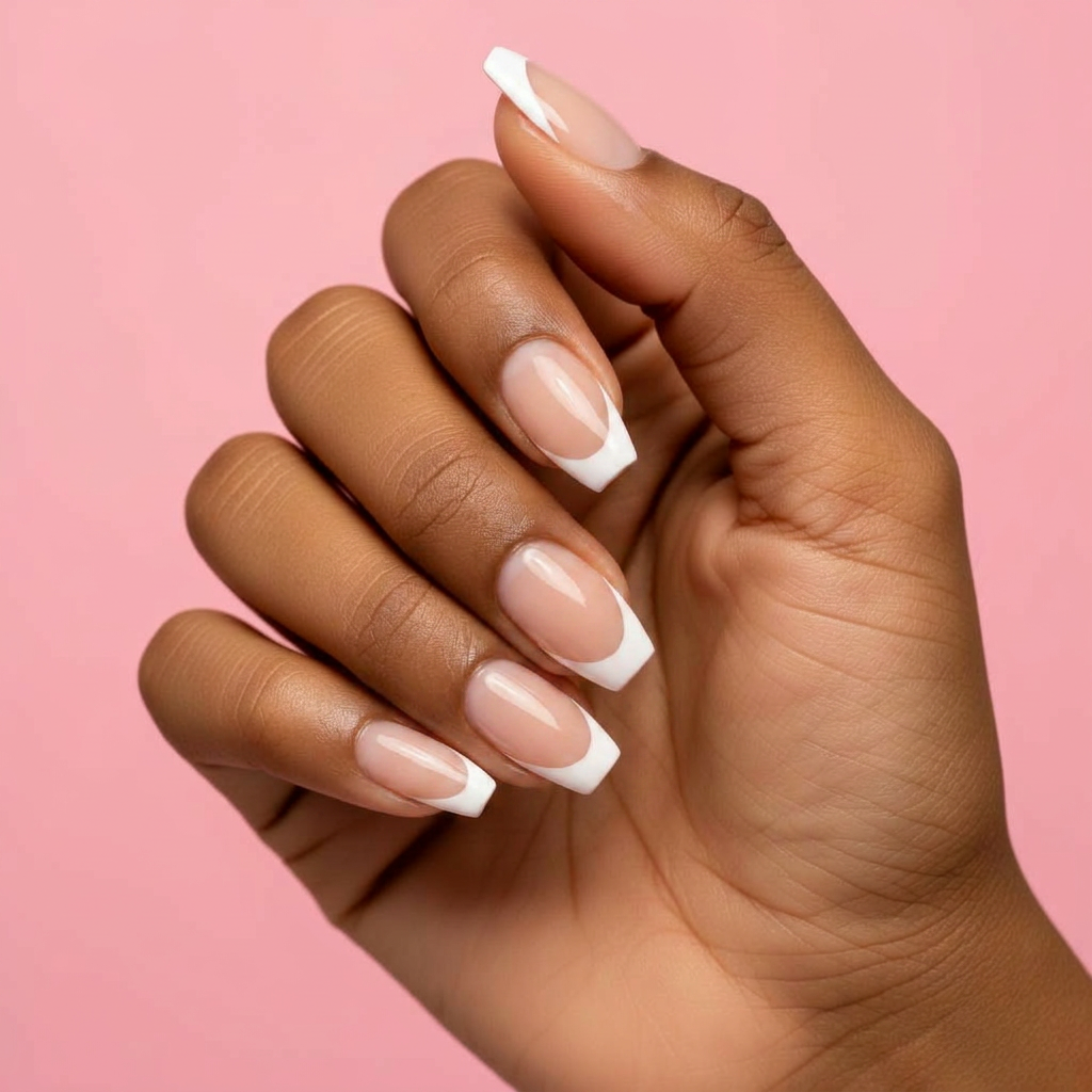 After: Soft Nude French Coffin nails on olive skin