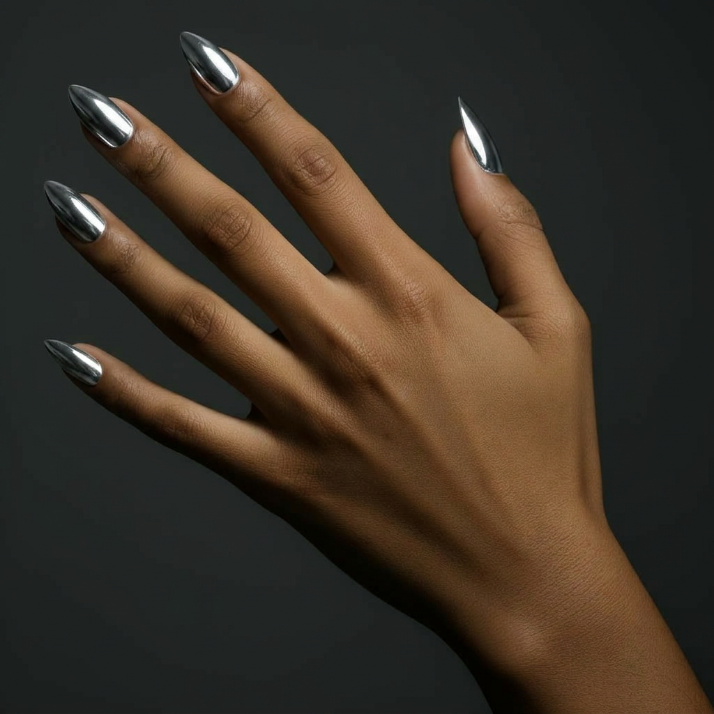 After: Chrome Mirror Metallic Stiletto nails on olive skin